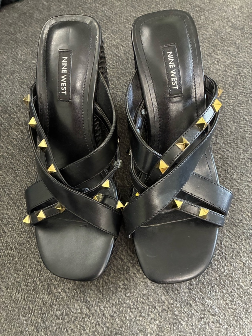 Nine West Black Leather Crisscross Mule with Gold Studs